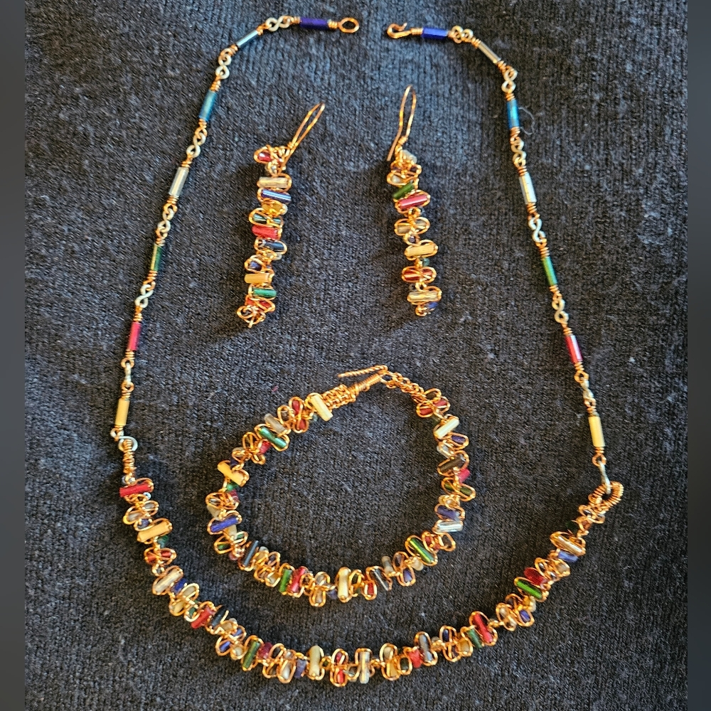 Brazilian Bright Multicolor Beaded Copper Necklace, Earrings, & Bracelet Set